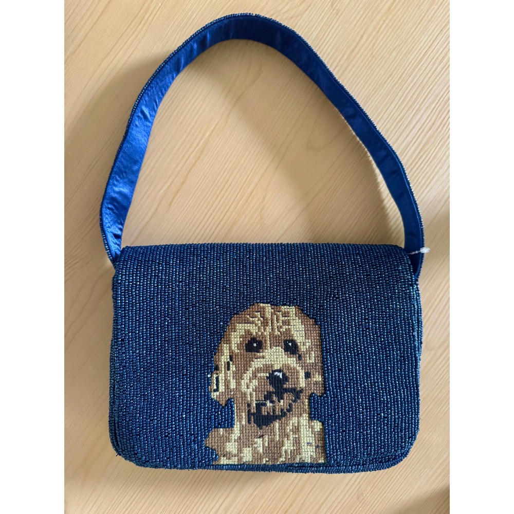 Hand Beaded Dog Portrait Shoulder Bag Blue Goldendoodle Needlepoint Purse NWOT